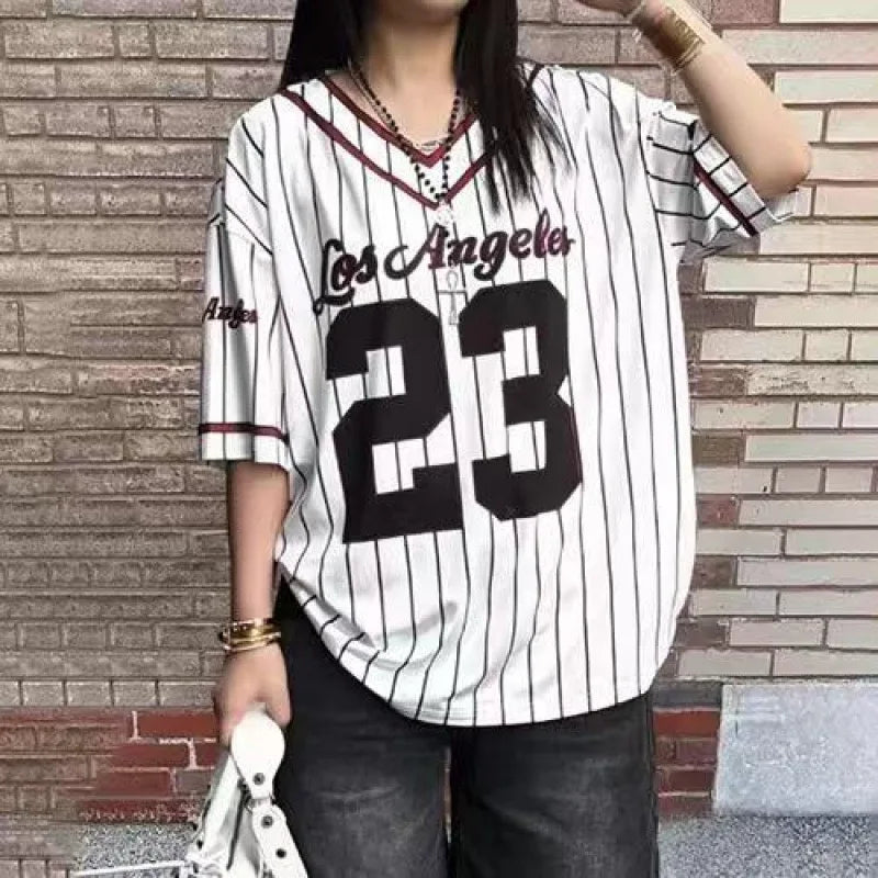Jersey Shirts for Women Y2k Oversized T Shirt Striped Number Graphic Tees V Neck Half Sleeve Streetwear Tops