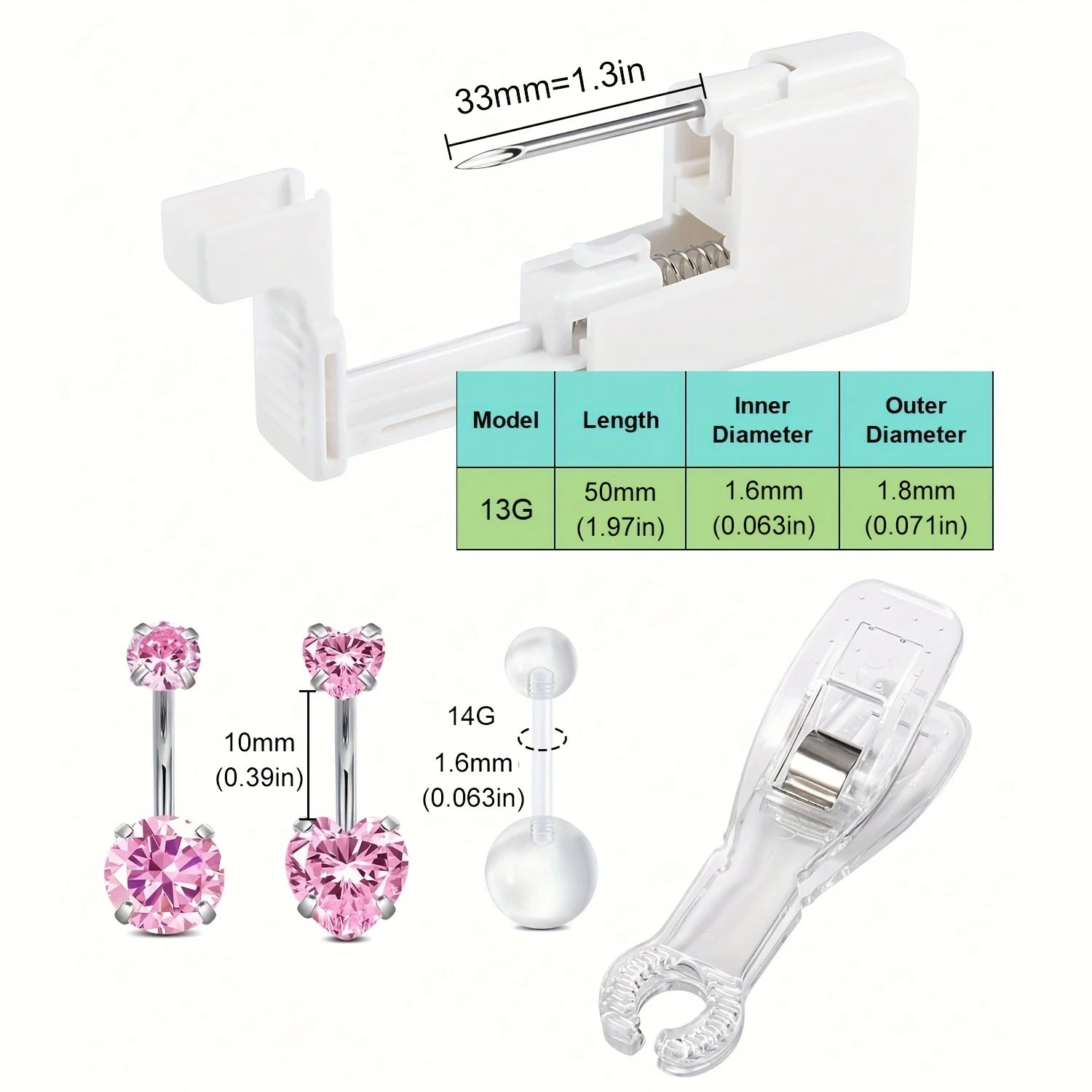 5pc Women's Body Piercing Kit - 13G & 14G Stainless Steel, Multi-Purpose Jewelry Set with CZ, Pearl Ball, and Acrylic Navel Pins