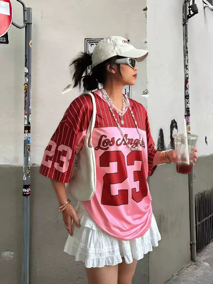 Jersey Shirts for Women Y2k Oversized T Shirt Striped Number Graphic Tees V Neck Half Sleeve Streetwear Tops