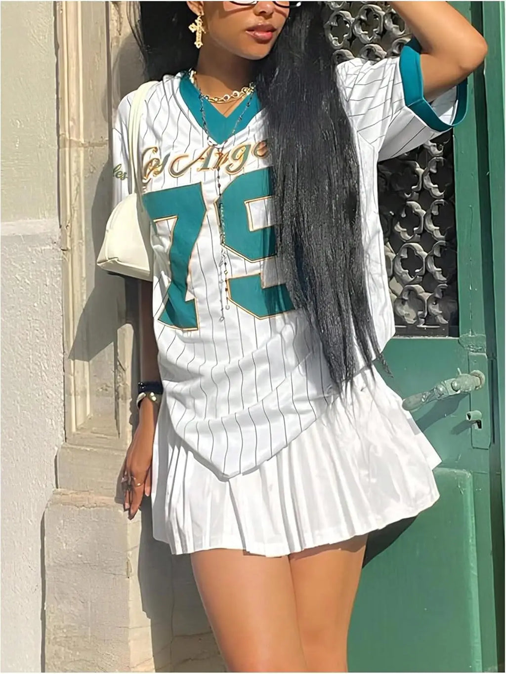 Jersey Shirts for Women Y2k Oversized T Shirt Striped Number Graphic Tees V Neck Half Sleeve Streetwear Tops