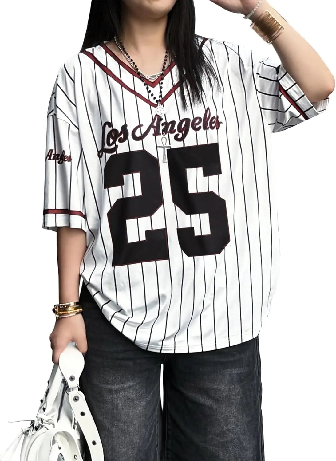 Jersey Shirts for Women Y2k Oversized T Shirt Striped Number Graphic Tees V Neck Half Sleeve Streetwear Tops